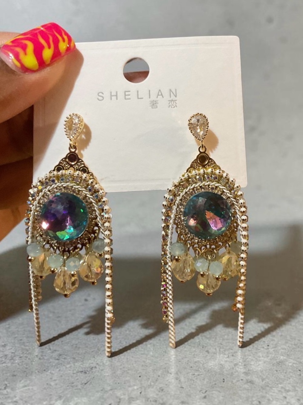 Shelian Gold Dangle Earrings with Iridescent Gemstones NWT